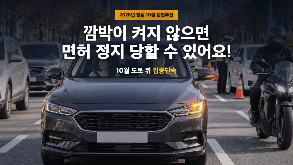 방향지시등을 켠 자동차와 안전띠를 맨 탑승자, 안전모를 쓴 운전자 위에 깜박이 미점등과 면허 정지 가능성을 알리는 문구가 표시된 대표 이미지