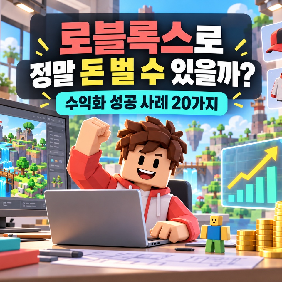 로블록스로 게임과 아바타 아이템을 제작해 돈을 번 수익화 성공 사례 20가지를 표현한 대표 이미지