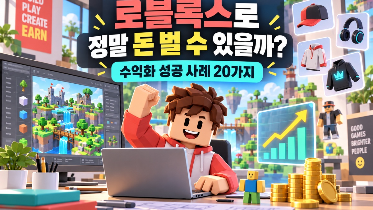 로블록스로 게임과 아바타 아이템을 제작해 돈을 번 수익화 성공 사례 20가지를 표현한 대표 이미지
