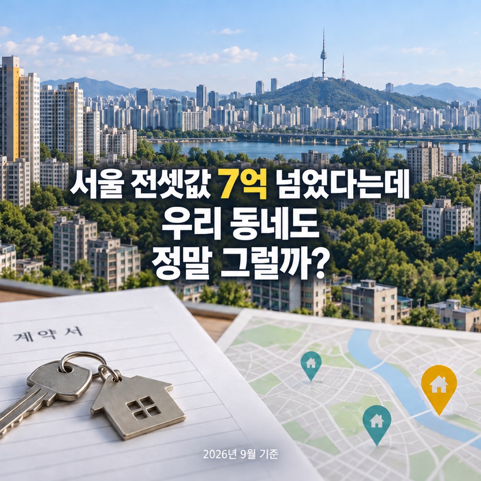 서울 전셋값 7억 원 돌파와 우리 동네 실제 전세가격의 차이를 서울 아파트, 전세계약서, 열쇠와 동네 지도로 표현한 대표 이미지