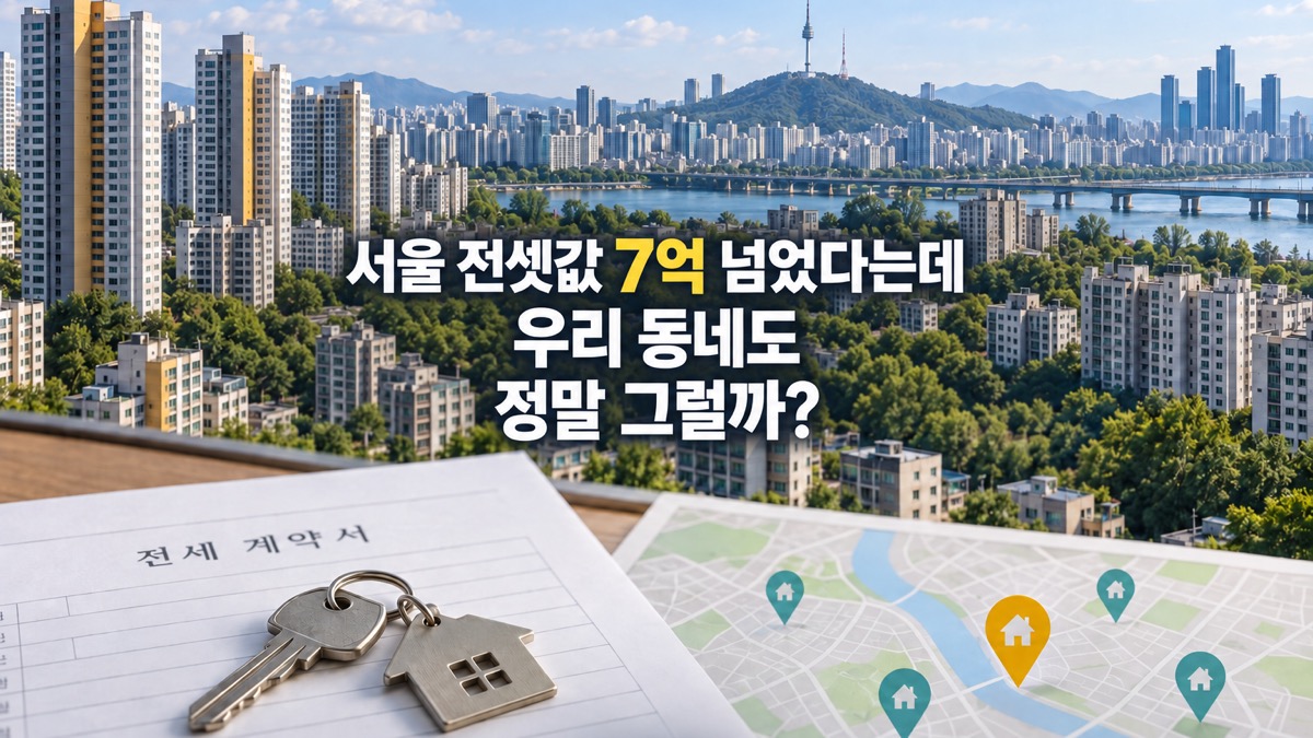 서울 전셋값 7억 원 돌파와 우리 동네 실제 전세가격의 차이를 서울 아파트, 전세계약서, 열쇠와 동네 지도로 표현한 대표 이미지