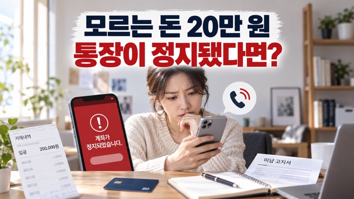 모르는 돈 20만 원이 입금된 뒤 통장이 정지된 사람이 은행에 대응할 방법을 찾는 모습