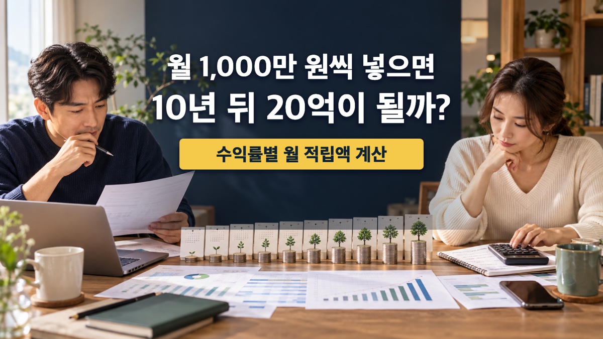 부부가 10년 뒤 20억 원 목표를 위해 월 적립액을 계산하는 모습
