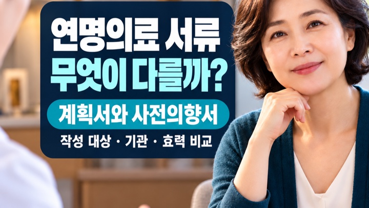 연명의료 서류 무엇이 다를까라는 큰 제목과 병원 상담실에서 의료진과 대화하는 중년 여성을 표현한 대표 이미지