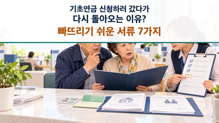 기초연금 신청 서류 7가지를 확인하며 빠진 서류를 안내받는 노부부