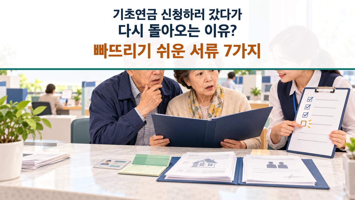 기초연금 신청 서류 7가지를 확인하며 빠진 서류를 안내받는 노부부