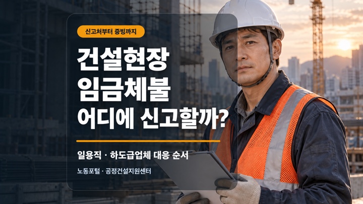 건설현장 임금체불 신고를 준비하는 근로자와 공사 현장을 표현한 대표 이미지