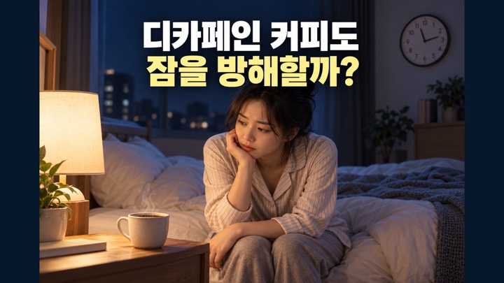 늦은 밤 침대 옆 디카페인 커피를 바라보며 잠을 걱정하는 사람과 디카페인 커피도 잠을 방해할까라는 제목