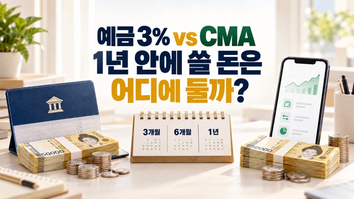 예금 3%와 CMA 사이에서 1년 안에 쓸 단기자금을 어디에 둘지 비교하는 이미지