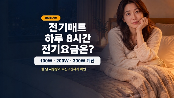 전기매트 하루 8시간 전기요금 계산이라는 제목과 따뜻한 침실의 전기매트 사용 모습을 표현한 대표 이미지