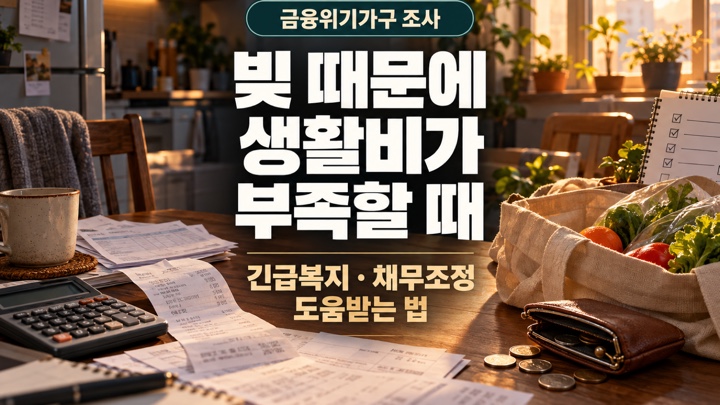 빚 때문에 생활비가 부족한 상황에서 금융위기가구 조사와 긴급복지·채무조정 도움받는 법을 안내하는 대표 이미지