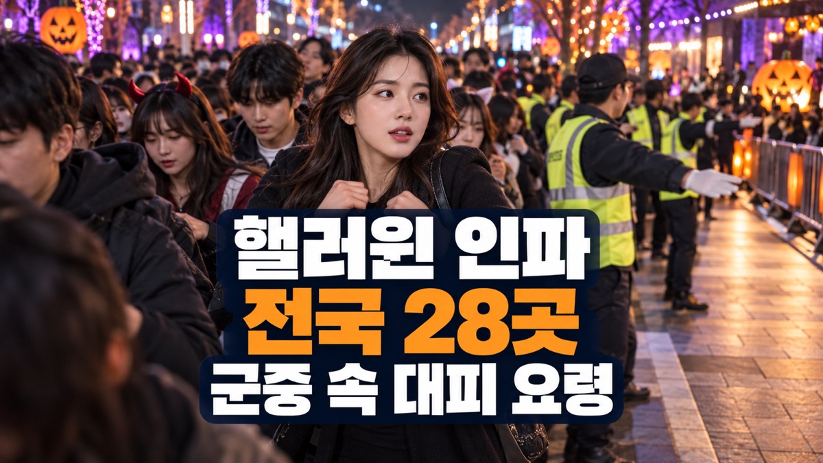 핼러윈 인파가 모인 도심에서 안전요원이 이동을 안내하는 모습과 전국 28곳 군중 속 대피 요령이라는 제목