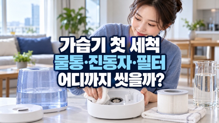 가습기 첫 세척 때 물통과 진동자, 필터를 어디까지 씻어야 하는지 보여주는 대표 이미지