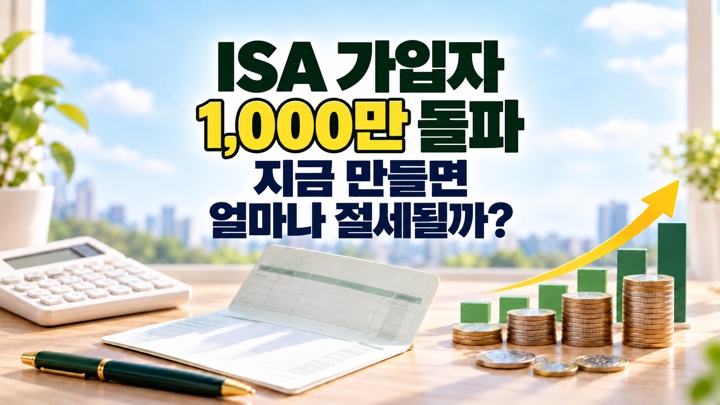 ISA 가입자 1,000만 돌파 지금 만들면 얼마나 절세될까라는 제목과 계산기, 통장, 동전 이미지