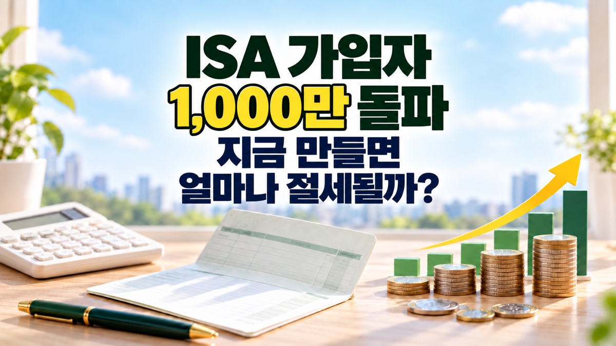 ISA 가입자 1,000만 돌파 지금 만들면 얼마나 절세될까라는 제목과 계산기, 통장, 동전 이미지