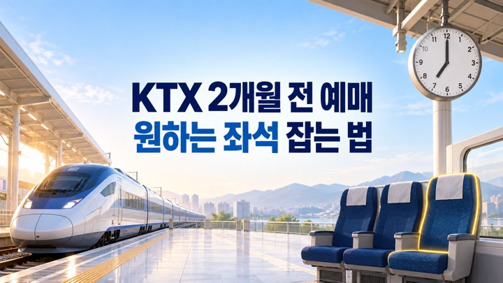 KTX 2개월 전 예매와 원하는 좌석 잡는 법을 표현한 오전 7시 기차역과 창가 좌석