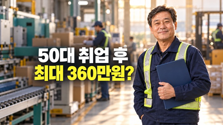 50대 취업 후 최대 360만원 조건을 안내하는 제조업 현장의 중장년 근로자