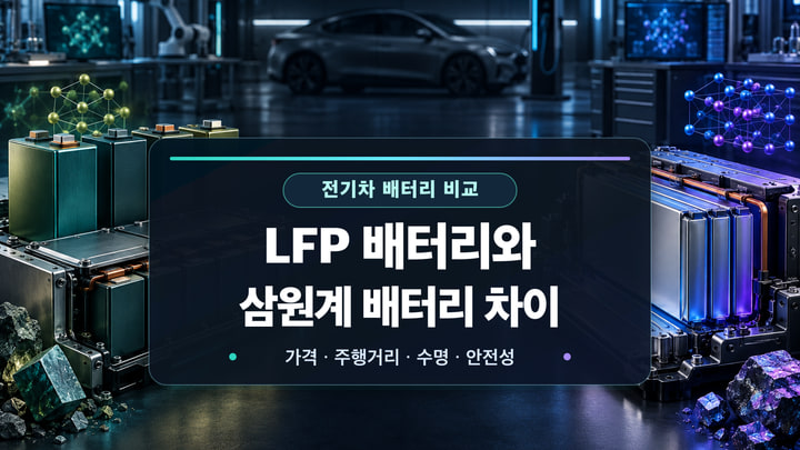 LFP 배터리와 삼원계 배터리의 가격, 주행거리, 수명과 안전성을 비교하는 대표 이미지