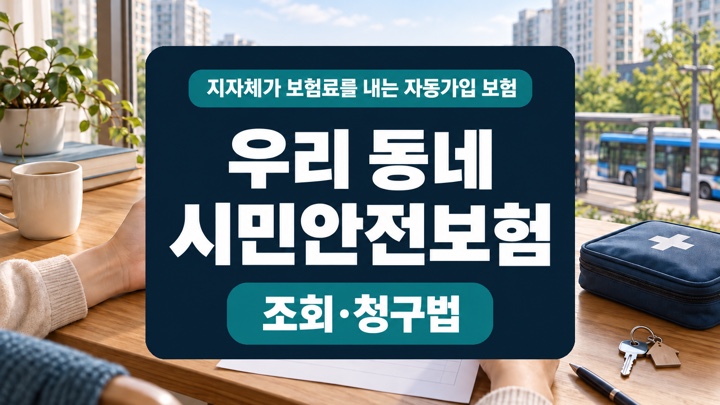 우리 동네 시민안전보험 조회·청구법과 지자체 자동가입 보험 안내를 크게 표시한 대표 이미지