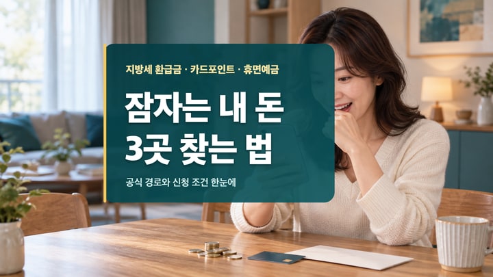 집에서 스마트폰으로 환급금과 포인트를 확인하는 여성과 잠자는 내 돈 3곳 찾는 법이라는 제목