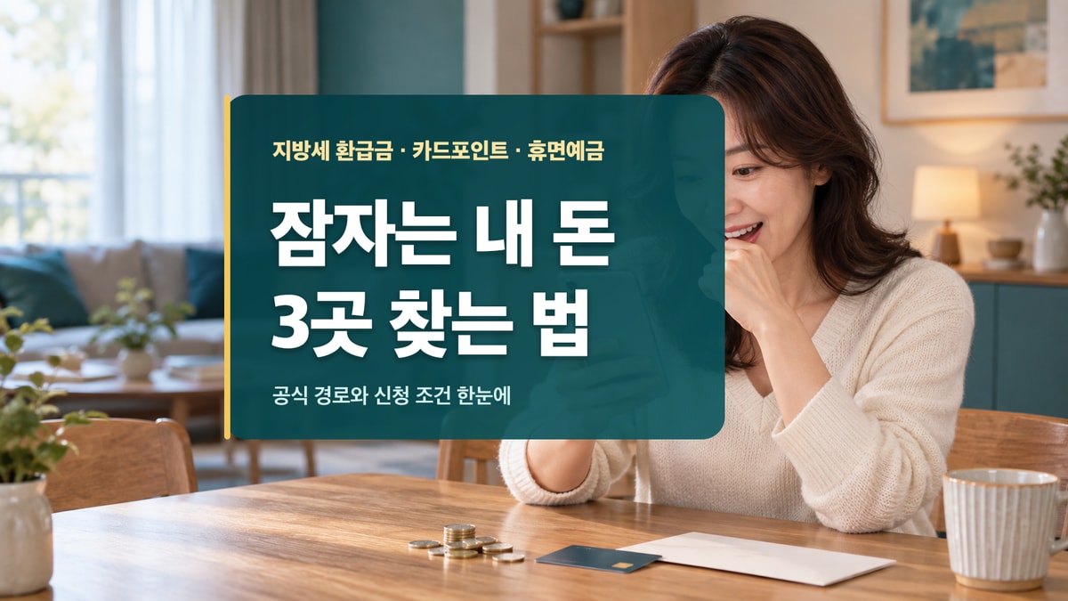 집에서 스마트폰으로 환급금과 포인트를 확인하는 여성과 잠자는 내 돈 3곳 찾는 법이라는 제목