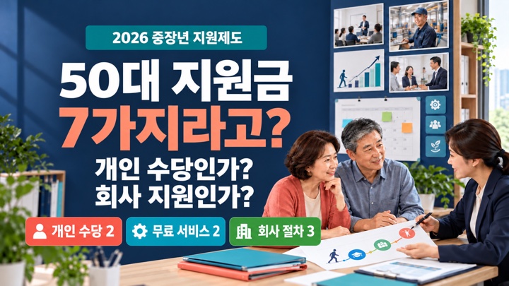 50대 지원금 7가지를 개인 신청, 무료 서비스와 회사 절차가 필요한 지원으로 구분해 상담받는 중장년 부부