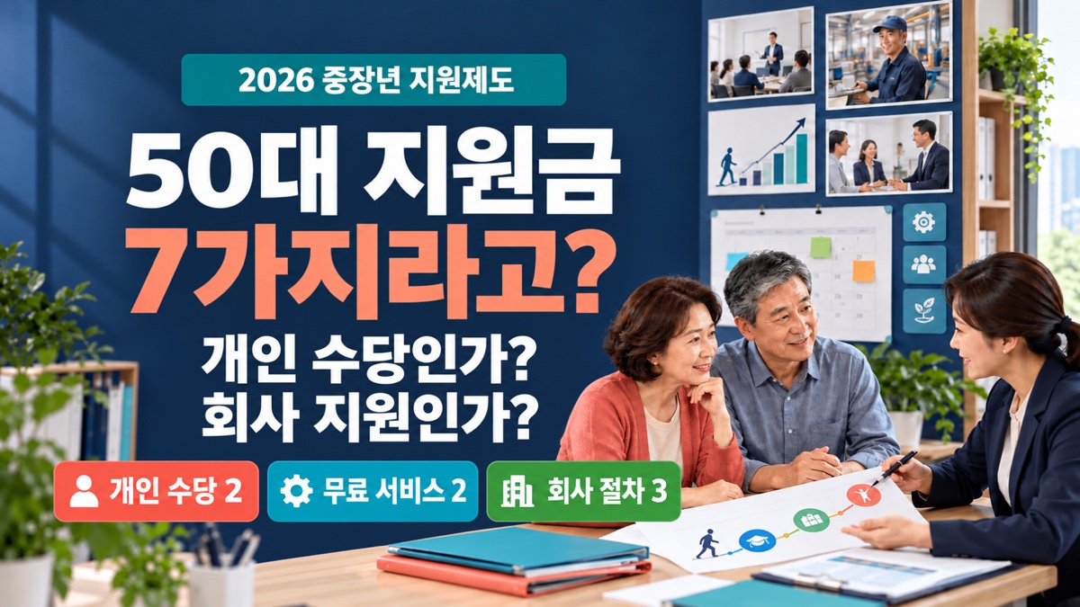 50대 지원금 7가지를 개인 신청, 무료 서비스와 회사 절차가 필요한 지원으로 구분해 상담받는 중장년 부부