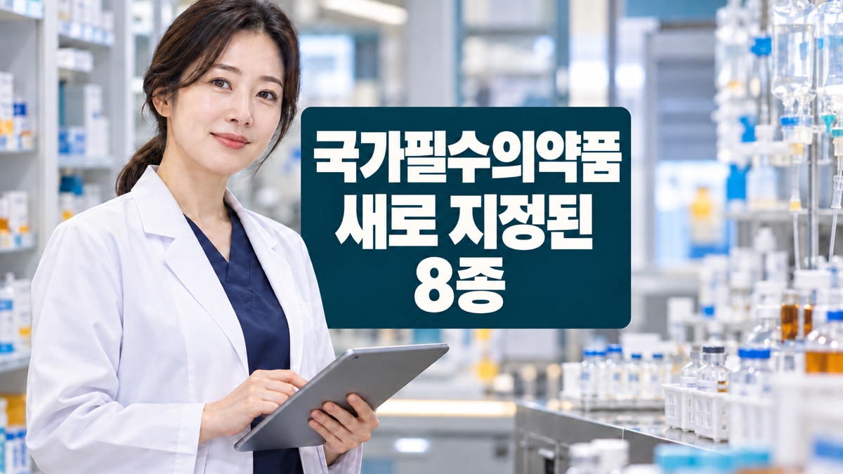 국가필수의약품 새로 지정된 8종이라는 제목과 병원 약제실의 의료인을 표현한 대표 이미지