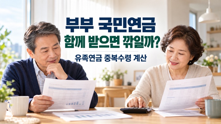 부부 국민연금과 유족연금 중복수령 금액을 계산하는 중년 부부