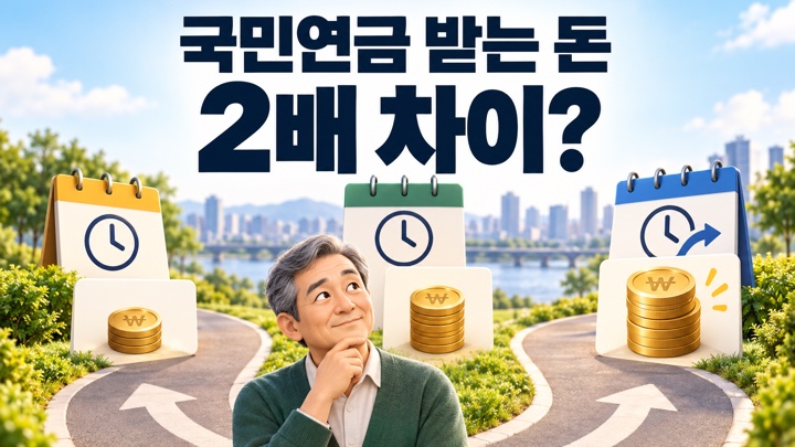 국민연금 조기수령과 연기수령 사이에서 받는 돈 2배 차이를 비교하는 은퇴자의 모습