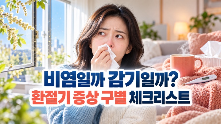 콧물 증상을 보이는 여성과 비염일까 감기일까 환절기 증상 구별 체크리스트라는 제목