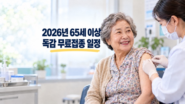 의료기관에서 독감 예방접종을 받는 어르신과 2026년 65세 이상 독감 무료접종 일정이라는 제목