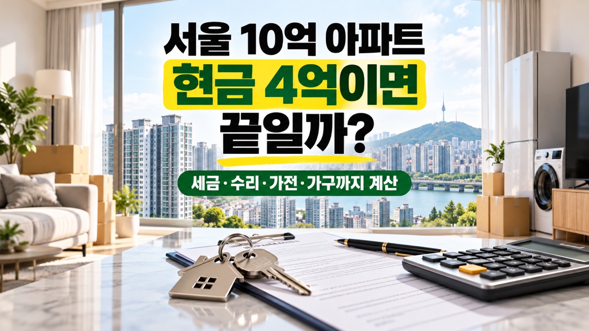 서울 10억 아파트 구매에 필요한 현금과 세금, 수리, 가전, 가구 비용을 아파트와 계약서, 계산기, 이삿짐으로 표현한 대표 이미지