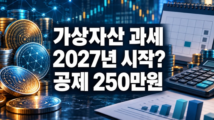 디지털 자산과 달력, 세금 계산을 표현한 배경 위에 가상자산 과세 시작일과 250만원 공제를 표시한 대표 이미지