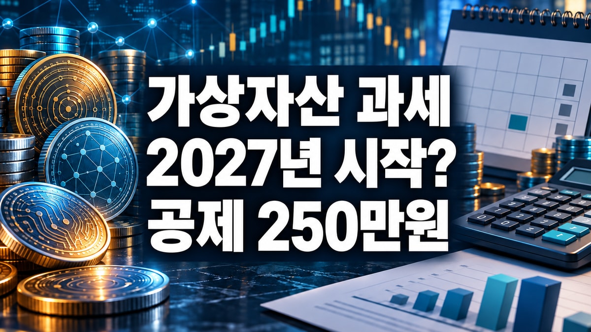 디지털 자산과 달력, 세금 계산을 표현한 배경 위에 가상자산 과세 시작일과 250만원 공제를 표시한 대표 이미지