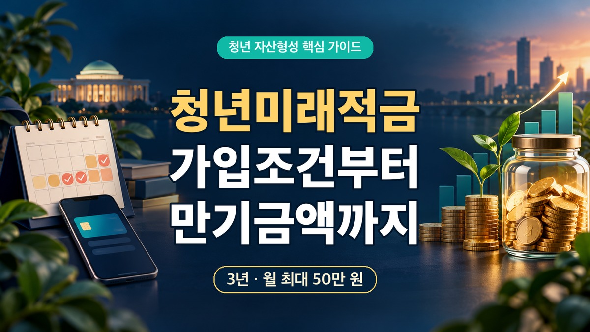 청년미래적금 가입조건부터 만기금액까지를 저축 달력과 동전으로 표현한 대표 이미지