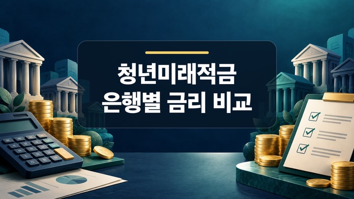 청년미래적금 은행별 금리 비교를 계산기와 체크리스트, 여러 금융기관 건물로 표현한 대표 이미지