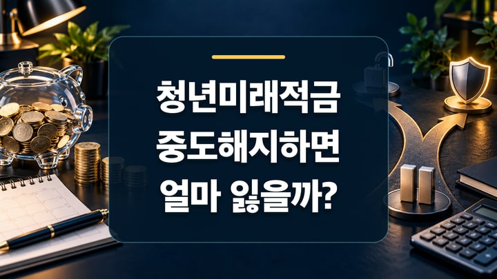 청년미래적금 중도해지와 특별해지 선택을 저금통, 일시정지 표시, 자물쇠와 보호 방패로 표현한 대표 이미지