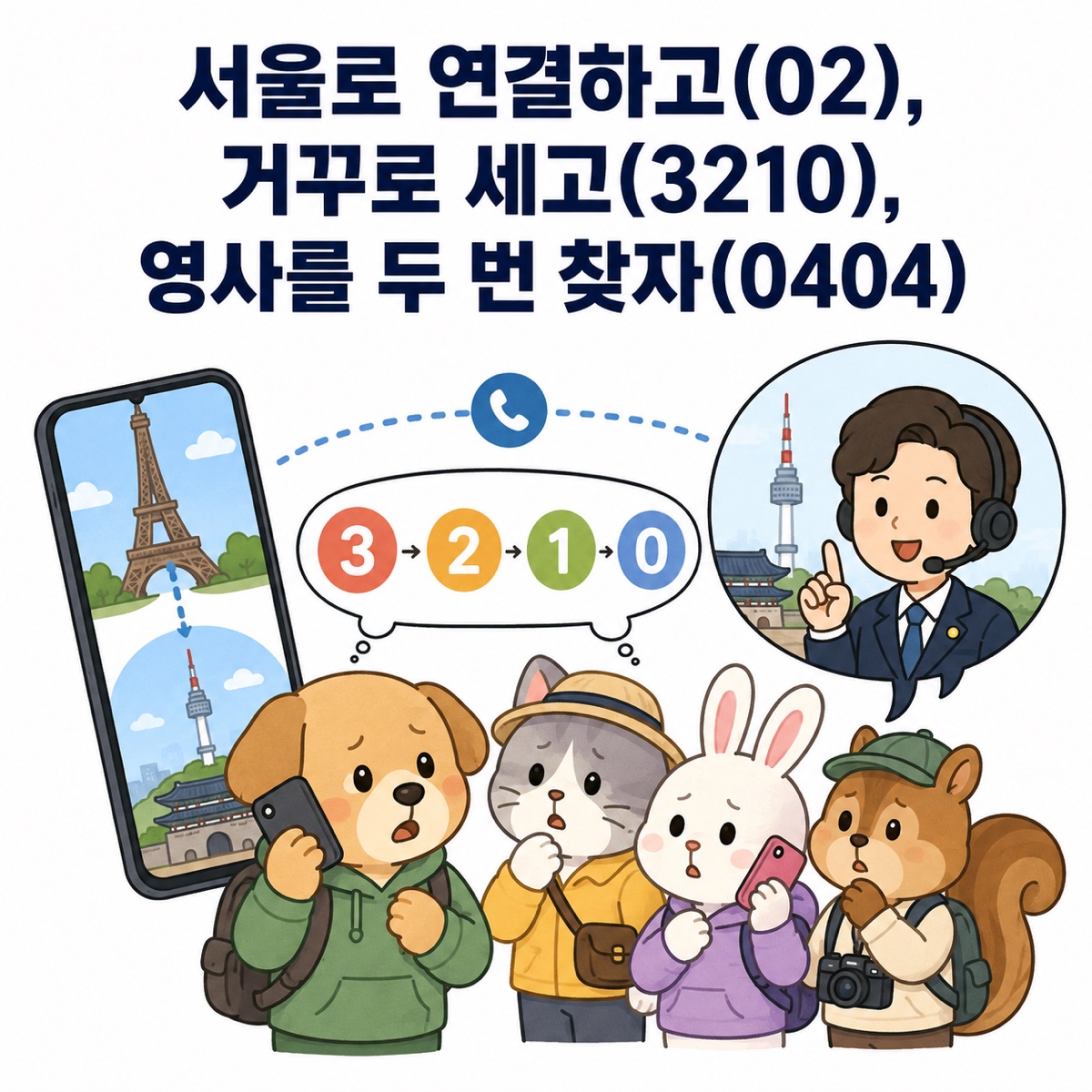 해외여행 중인 강아지, 고양이, 토끼, 다람쥐가 서울의 영사 상담원에게 전화하고 3 2 1 0 숫자를 거꾸로 세는 일러스트