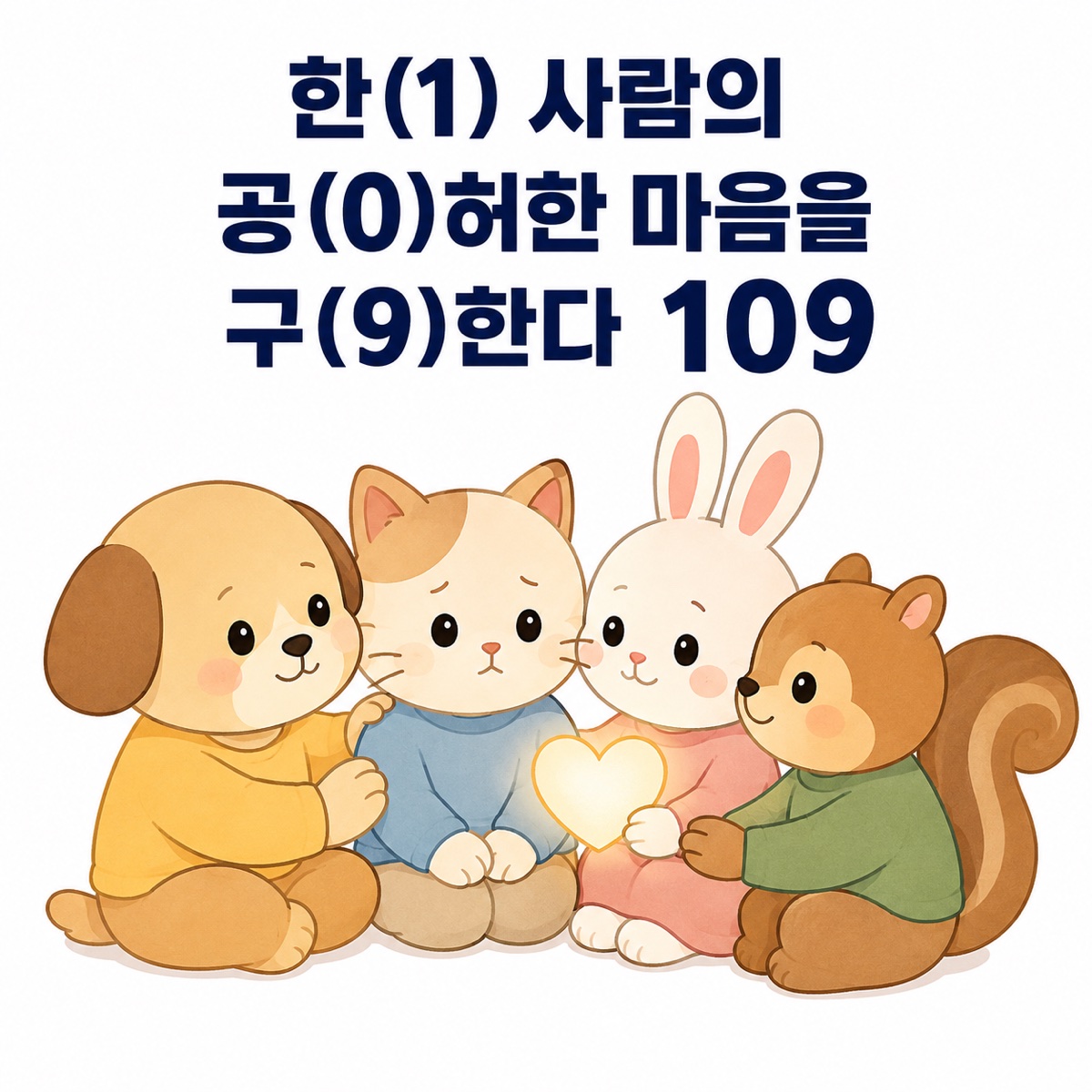 강아지, 고양이, 토끼, 다람쥐가 공허한 마음을 느끼는 친구 곁에서 함께하며 자살예방상담전화 109를 안내하는 일러스트