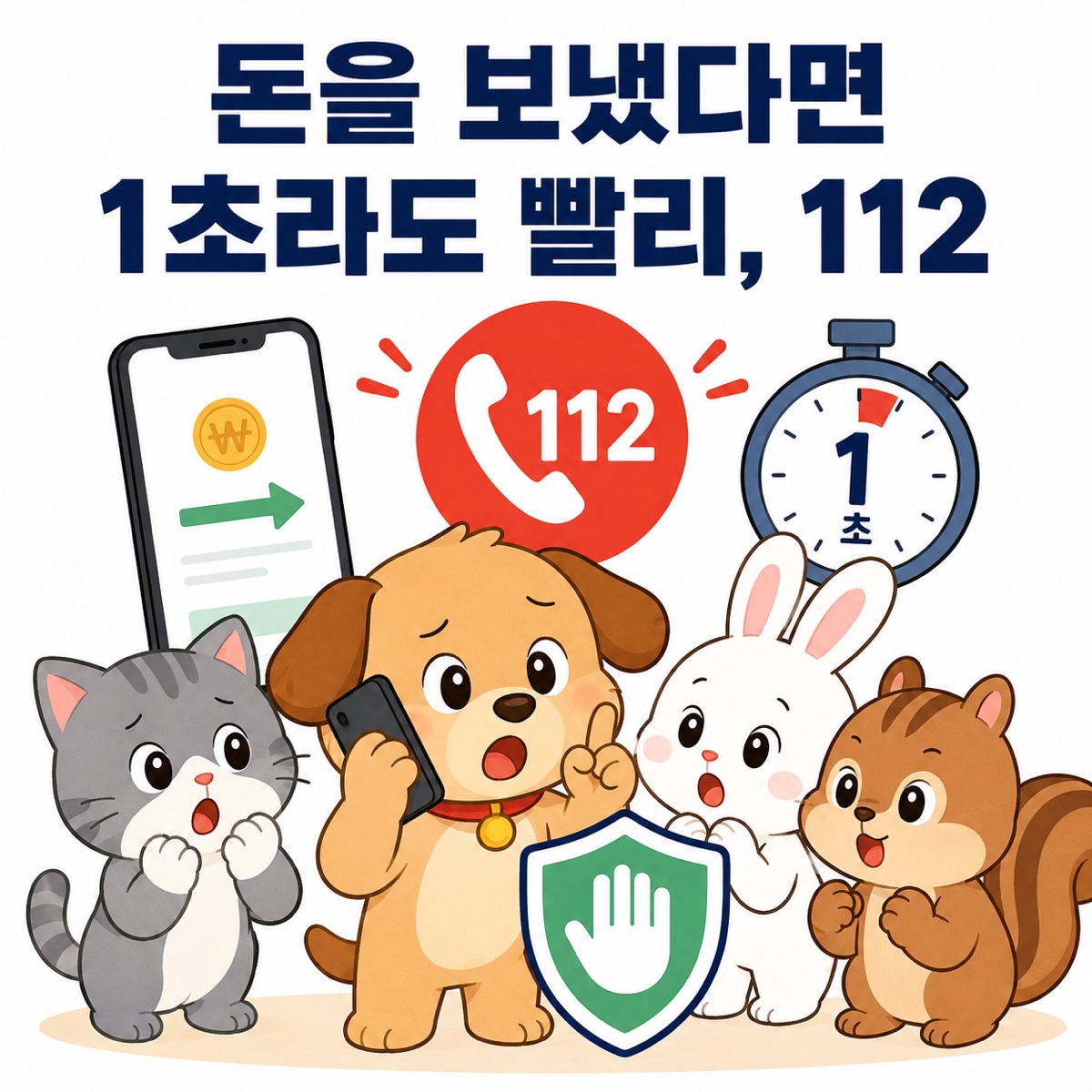 송금 직후 보이스피싱을 알아챈 강아지, 고양이, 토끼, 다람쥐가 1초라도 빨리 112에 신고하는 일러스트