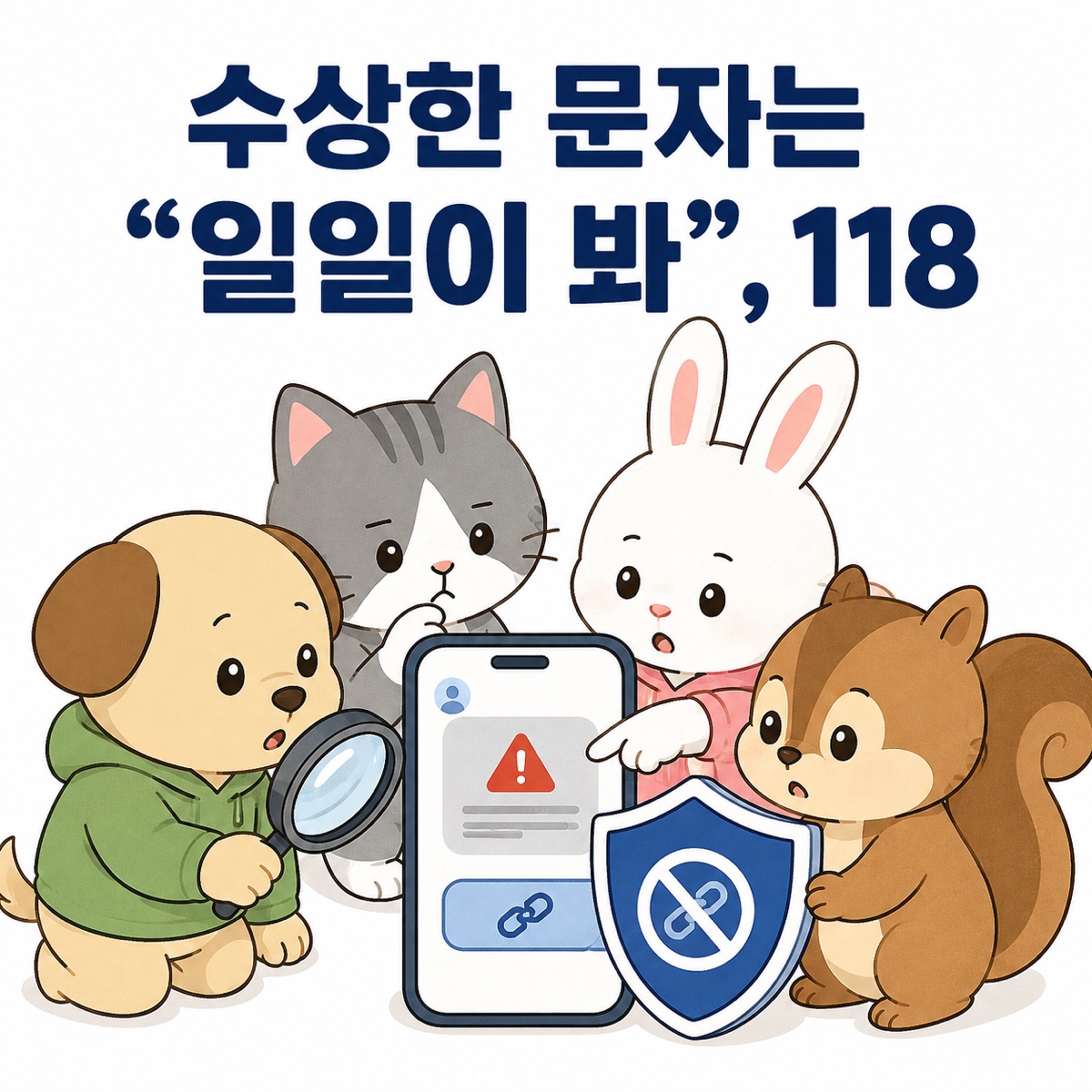 강아지, 고양이, 토끼, 다람쥐가 휴대전화의 수상한 문자 링크를 확대해서 살펴보고 방패로 차단하며 118을 안내하는 일러스트