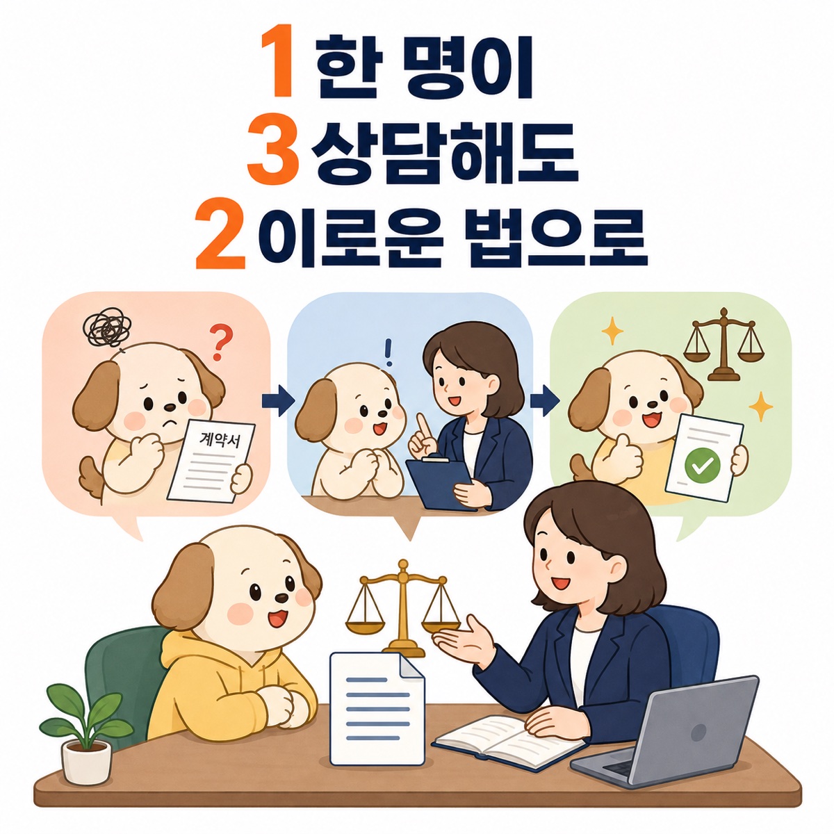 계약서 문제로 고민하는 강아지가 법률 상담을 거쳐 이로운 해결 방법을 안내받는 과정을 보여주는 일러스트