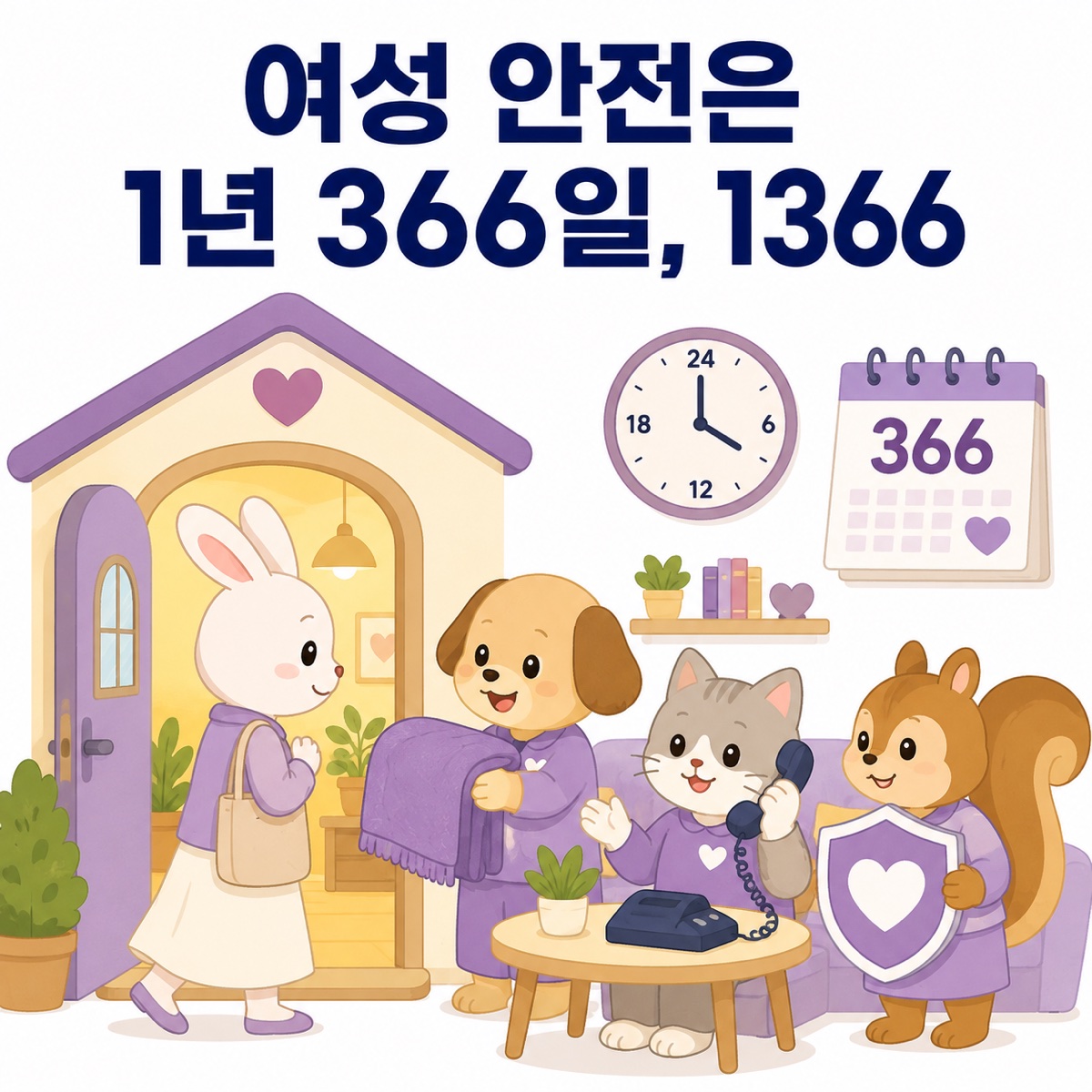 여성 캐릭터가 안전한 상담 공간에서 강아지, 고양이, 다람쥐 상담원에게 전화상담과 보호 지원을 받는 일러스트