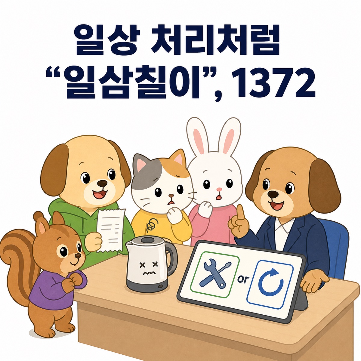 강아지, 고양이, 토끼, 다람쥐가 고장 난 생활용품과 영수증을 놓고 상담원에게 수리와 환불 방법을 묻는 일러스트
