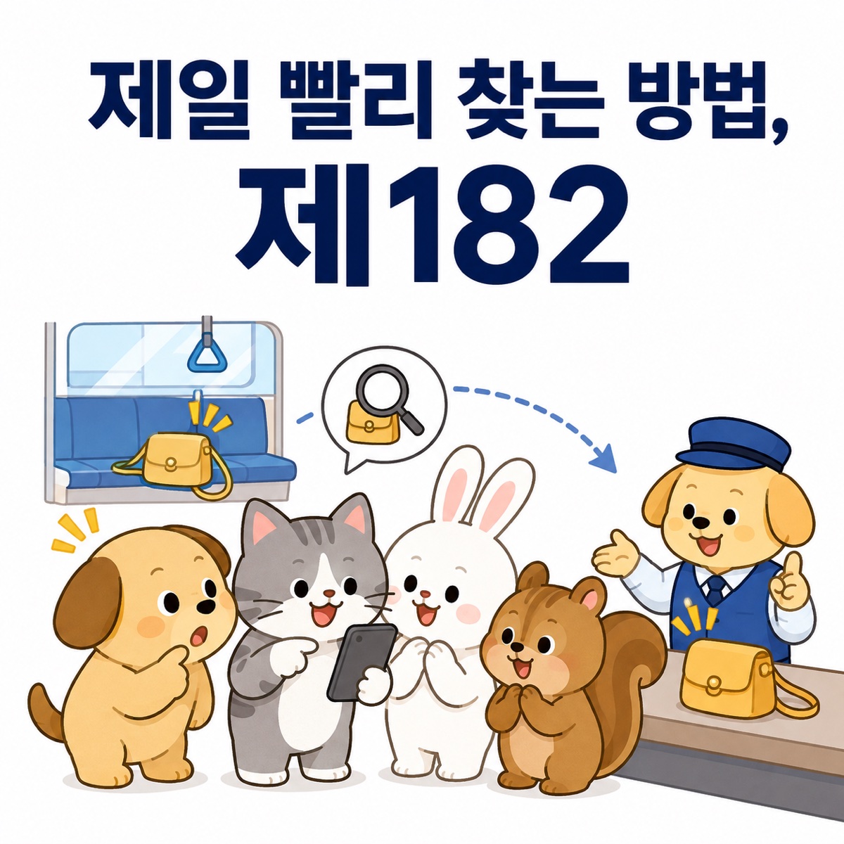 강아지, 고양이, 토끼, 다람쥐가 대중교통에 두고 내린 가방을 휴대전화로 조회하고 분실물 창구에서 찾는 일러스트